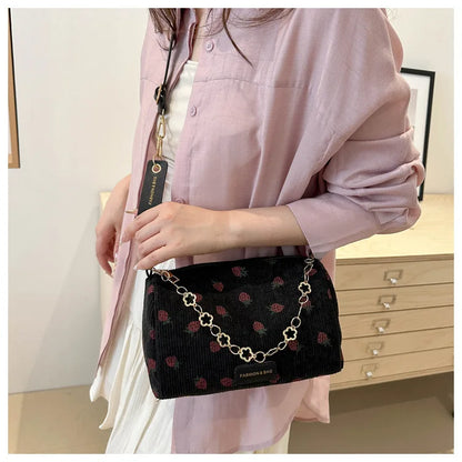 Corduroy Underarm Bag For Women Strawberry Print Mini Tote - Smarsty