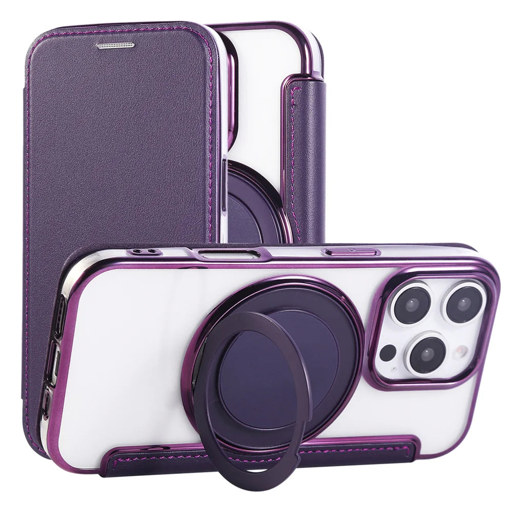 Flip Leather Wallet Rotating Fold Stand Magnetic Phone Case For iPhone 15 16 17 Pro Max 16E 14 13 12 For Magsafe Clear Cover