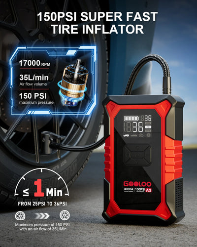 GOOLOO A3 Jump Starter with Air Compressor, 3000A Portable Car Battery Booster (9.0 Gas/6.5L Diesel) with 150PSI Auto-Shutoff Ti - Smarsty