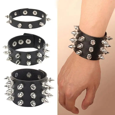 Adjustable Black Leather Punk Bracelet with Metal Spikes - Smarsty