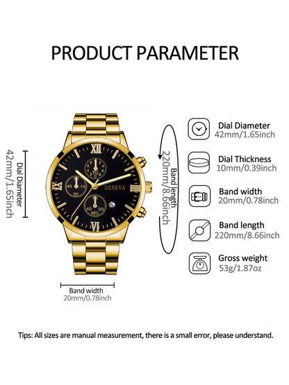 Gold Alloy Men's Quartz Watch and Cross Jewelry Set - Smarsty