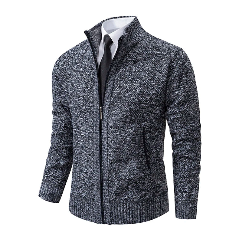 Autumn And Winter New Jersey Men's Casual Sports Coat Solid Color Stand Collar Wweater Grab Fleece Warm Zipper Cardigan - Smarsty