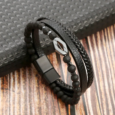 Men Leather Bracelet with Tiger Eye Beads Stylish Gift - Smarsty