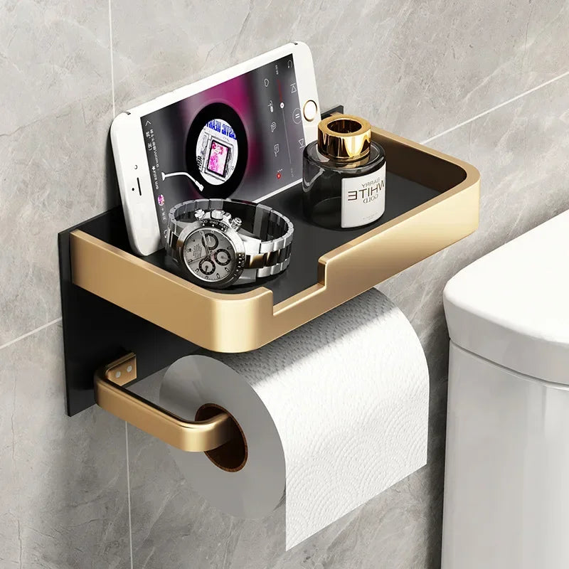 Black Gold Wall Mount Toilet Paper Holder with Shelf - Smarsty