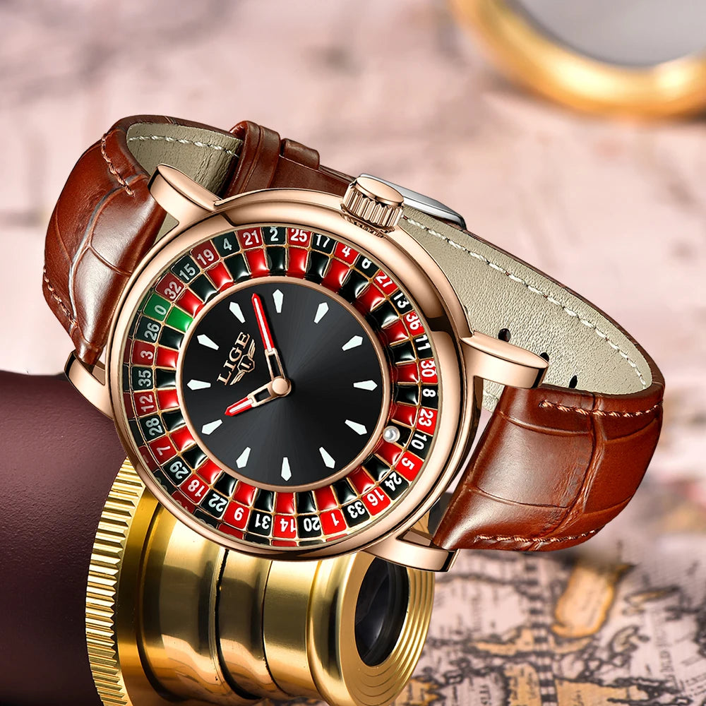 LIGE Waterproof Brown Leather Men's Roulette Watch - Smarsty