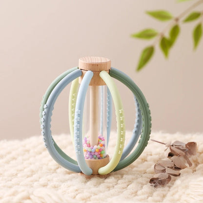 Baby Rattle Toy Wooden Rain Drum With Silicone Baby Sensory Touch Toy Newborn Dental Care Gum Anti-eating Hand Molar Stick Gif