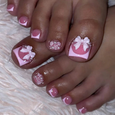 French False Toenails with Heart Rhinestone Design - Smarsty
