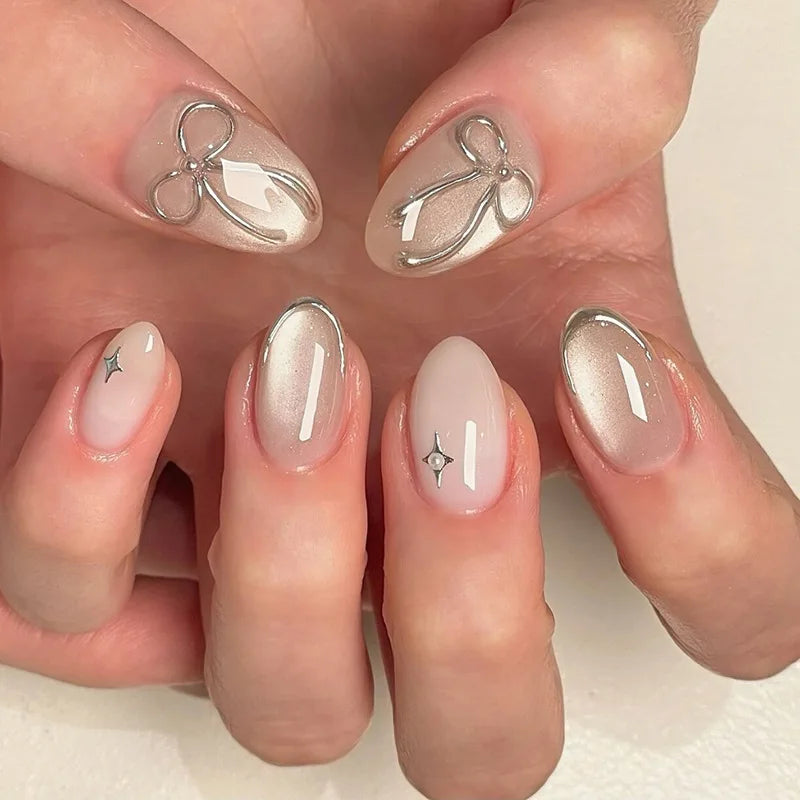 Colorful Press On Almond Nails Set with Pearl Flowers - Smarsty