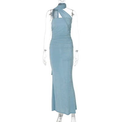 Hugcitar Halter Solid Sleeveless Backless Ruched Sexy Bodycon Maxi Prom Dress Summer Women Elegant Outfit Evening Party Birthday - Smarsty