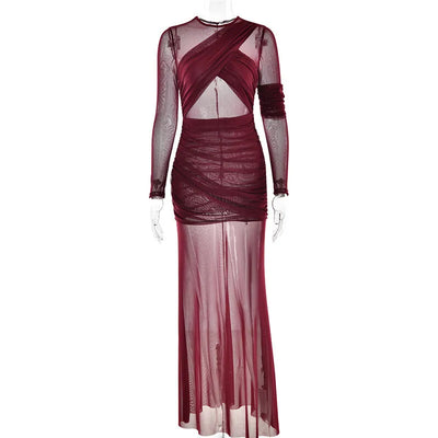 Mozision Mesh Ruched Sexy Maxi Dress For Women Fashion Zipper Patchwork See Through Long Sleeve Elegant Club Party Long Dress - Smarsty