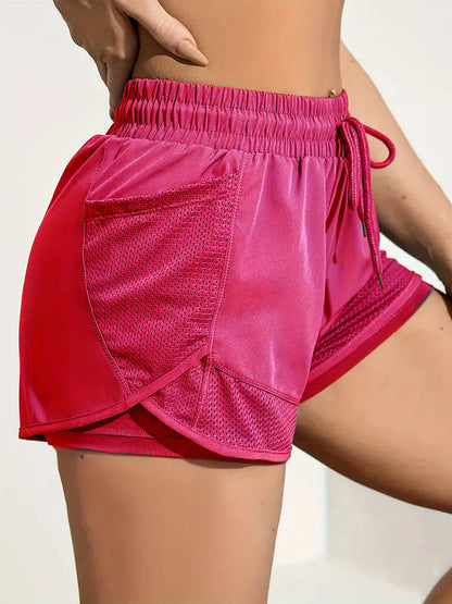 Women's Elastic Sports Shorts, Shorts With Pockets, Fake Two-Piece Yoga Leggings Running And Training - Smarsty