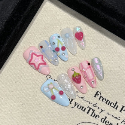 Handmade Press On Nails in Sweet Pink Blue Colors - Smarsty