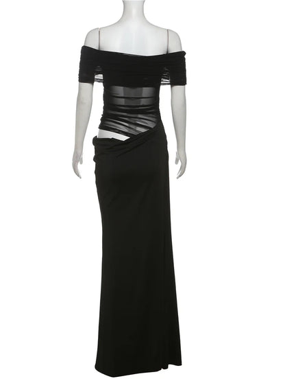 Weird Puss Ruched Irregular Dress Women Mesh Patchwork Slash Neck Short Sleeve Skinny Stretch Trend Elegant Long Bodycon Outfits - Smarsty