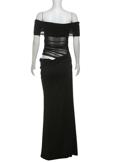 Weird Puss Ruched Irregular Dress Women Mesh Patchwork Slash Neck Short Sleeve Skinny Stretch Trend Elegant Long Bodycon Outfits - Smarsty