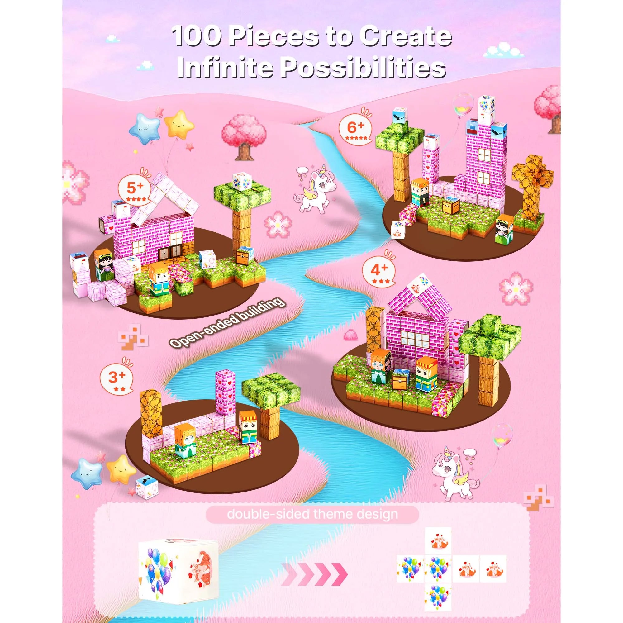 SucceBuy 100PCS Magnetic Blocks Princess Castle Set Magnetic Building Cubes STEM Montessori Sensory Toys for Kids Birthday Gift