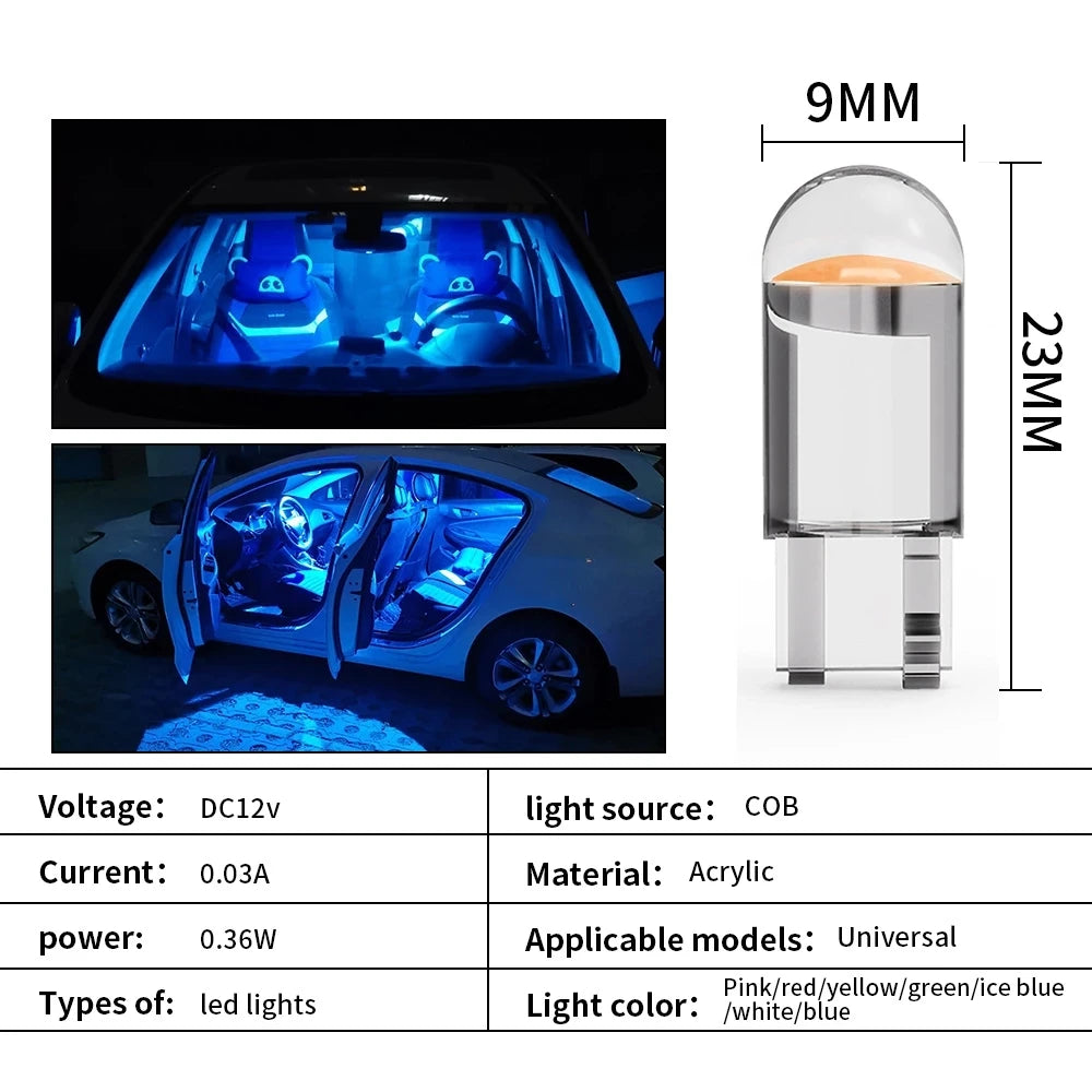 10X New W5W LED T10 Car Lights COB Glass Interior Parts Bulbs White ice blue Yellow Auto License Plate Lamp Dome Read Light 12V - Smarsty