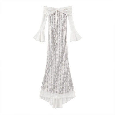 Suninheart White Off The Shoulder Autumn Bodycon Dress 2025 Long Sleeve Elegant Lace Maxi Dress Wedding Guest Dress for Women - Smarsty