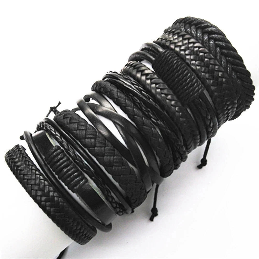 Handmade Black Leather Wrap Bracelets Set for Men and Women - Smarsty