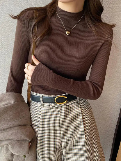 Autumn Winter Mock Neck Women Sweater Vintage Basic Solid Knitted Korean Tops Casual Slim Pullover Sweaters Simple Chic Jumpers - Smarsty