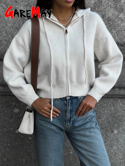 Autumn Knitted Women's Short Cardigan with Zipper Gray Winter Sweater Casual Cute Vintage White Cardigan for Women with Hood - Smarsty