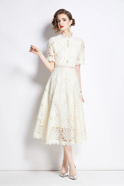 H Han Queen Spring New Elegant Casual Work Party Dresses Floral Crochet Hollow Out Lace Patchwork Casual Office Midi Dress - Smarsty