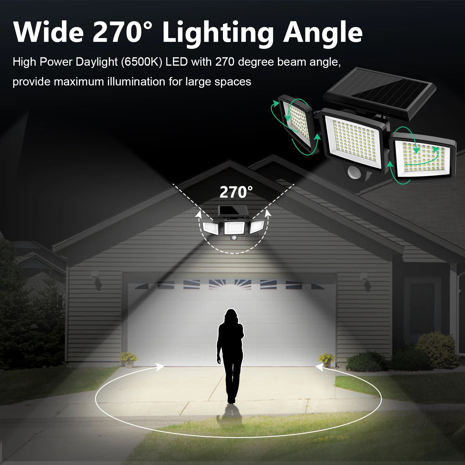 Outdoor Waterproof Solar Light with Motion Sensor 3-Head 200+ LEDs Security Light for Porches Garages Yard Entrances