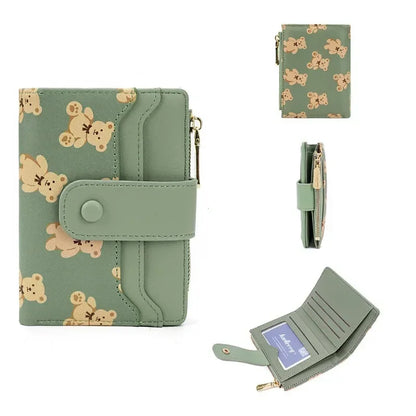 Women Short Wallets PU Leather Female Bifold Purses Cute Bear Card Holder Wallet for Girl Small Zipper Wallet with Coin Purse - Smarsty