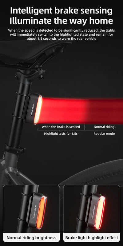 ROCKBROS Bicycle Light Magnetic Smart Tail Light Type-C Charge 7 modes 400mAh LED Lamp Beads Intelligent Brake Sensor Function - Smarsty