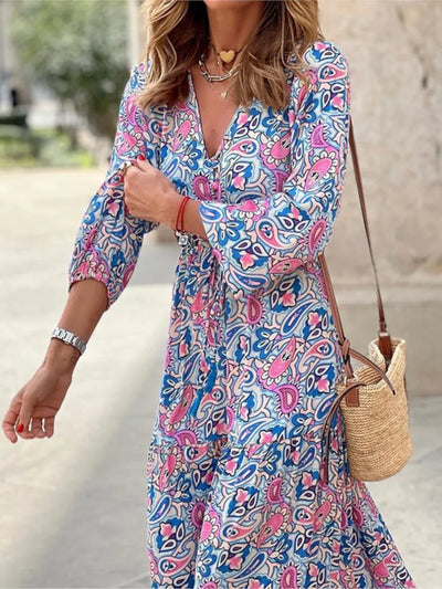 Women's Autumn New Fashionable Printed Sexy V-neck Long Sleeve High Waist Elastic Waist Medium Length Bohemian Dress - Smarsty