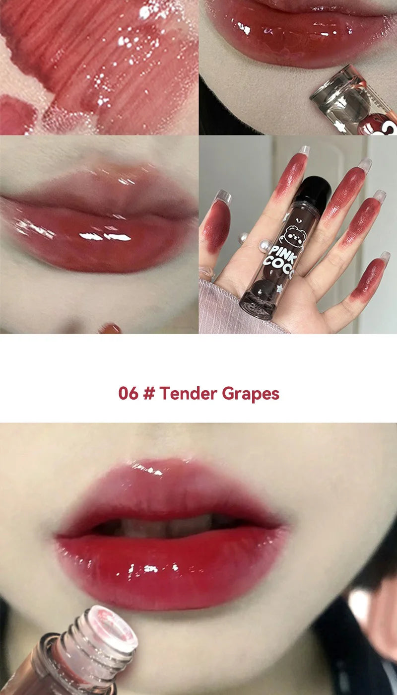 Pinkcoco Bear Doodle Mirror Lip Glaze Long Lasting Shine - Smarsty