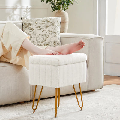 JHK Faux Fur Living Room Hidden Storage Stools & Ottomans Padded Makeup with 4 Metal Legs Anti-Slip Adjustable Feet for Home