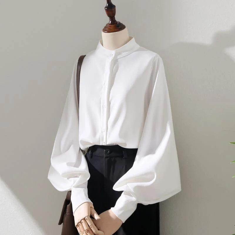 Woman Spring Autumn Style Blouses Shirt Lady Long Lantern Sleeve Stand Collar Loose Blusas Tops DF4847 - Smarsty