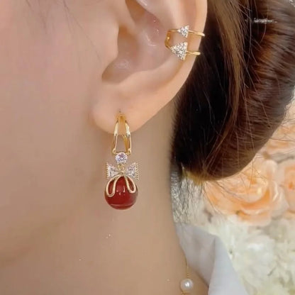 Korean Zircon Bow Drop Earrings with Imitation Pearl Flowers - Smarsty