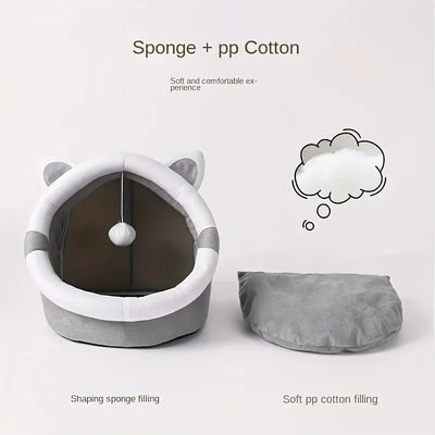 1 Comfortable Cartoon Cat House with Removable Pad, Modern Style Pet Bed Cave, Indoor Plush House Bed with Pompom