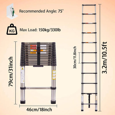 DayPlus Telescoping Ladder Stainless Steel Folding Ladder Portable Extendable Loft Ladder Capacity Max Load 150kg/330lb,EN131 - Smarsty