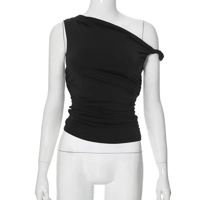 Simple Basic Casual Summer Tank Top Sleeveless Solid Color Off Shoulder Side Ruched Crop Tops Vestidos Spring Women T S - Smarsty