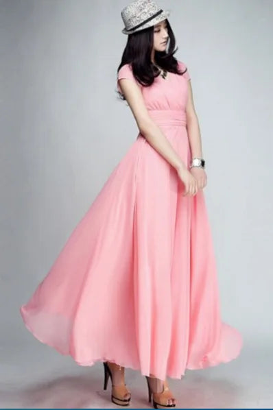 Women's Short-Sleeved Chiffon Evening Dress, Female Party Dress, Monochromatic, Bohemian, Long, Elegant, New, 2022 - Smarsty