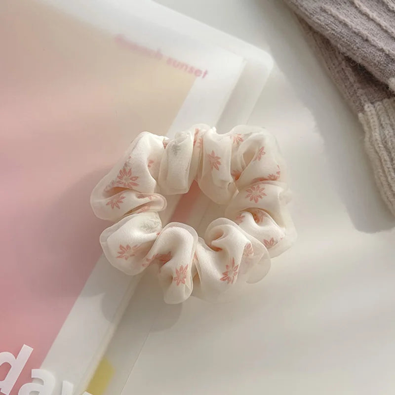 Double Layer Silk Hair Scrunchies Floral Soft Ponytail - Smarsty