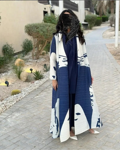 Women's Fold Miyake Pleated Abaya Long Sleeve Print Foldable Collar Robe Cardigan Coat New Winter Fashion Original Design 2024 - Smarsty