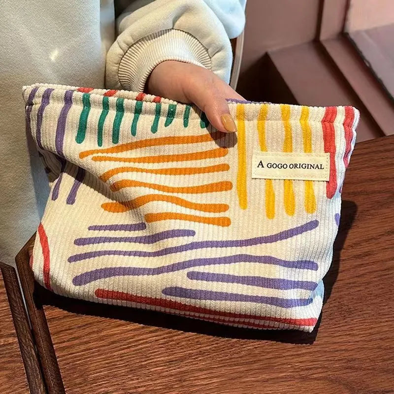 Colorful Stripes Corduroy Cosmetic Bag Portable Travel Toiletry Bag Skincare Sundries Aesthetic Makeup Storage Bag-zmt - Smarsty