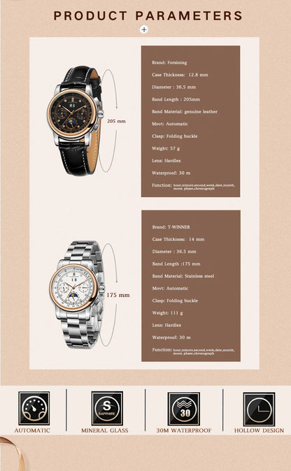 Luxury Women's Automatic Mechanical Wrist Watch with Diamond Moon Phase - Smarsty