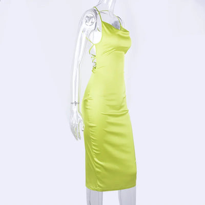 Neon Satin Lace Up Women's Long Midi Dress Light Pink Bodycon Backless Elegant Party Sexy Club Clothes 2022 Summer Dinner Outfit - Smarsty