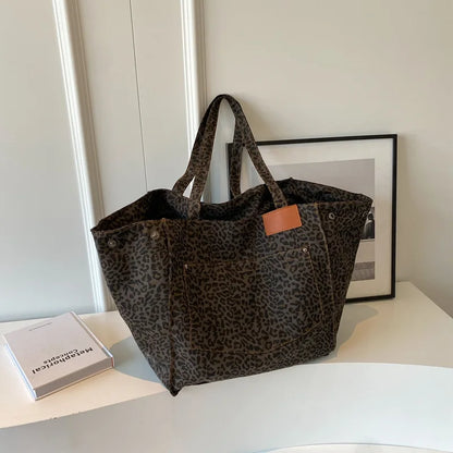 Leopard Pattern Tote Bag Vintage Canvas With Large Capacity - Smarsty