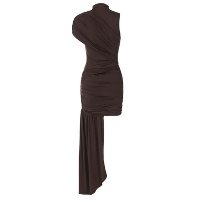 Mozision Irregular Draped Ruched Sexy Mini Dress For Women Elegant Turtleneck Sleeveless High Waist Pleated Club Party Dress