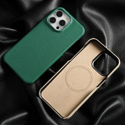MagSafe Leather Case Natural Cowhide Lychee Finish Premium for iPhone 15, 16, 17 - Smarsty