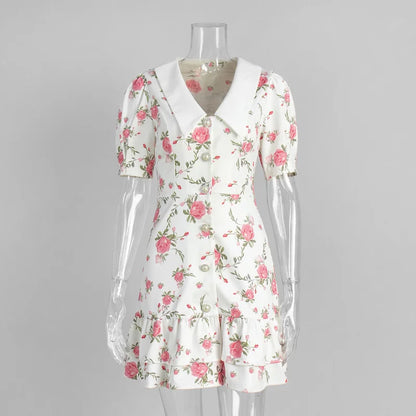 Sweet Floral Printed Ruffle Hem Dress Chic A-line Lapel Puff Sleeve Dresses For Women 2025 Summer Lady Holiday Street Gowns New