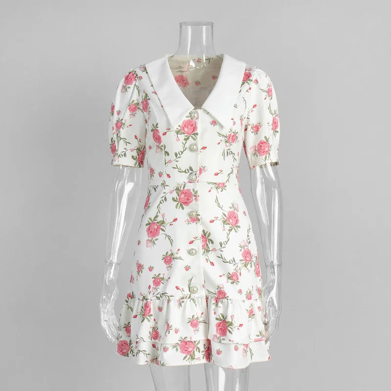 Sweet Floral Printed Ruffle Hem Dress Chic A-line Lapel Puff Sleeve Dresses For Women 2025 Summer Lady Holiday Street Gowns New