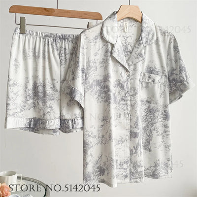 Fashion Print Flower 2PCS Pajamas Set Women Sleepwear Spring Summer Trouser Suits Lounge Wear Loose Satin Homewear Pijamas Suit - Smarsty