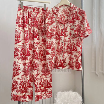 Fashion Print Flower 2PCS Pajamas Set Women Sleepwear Spring Summer Trouser Suits Lounge Wear Loose Satin Homewear Pijamas Suit - Smarsty