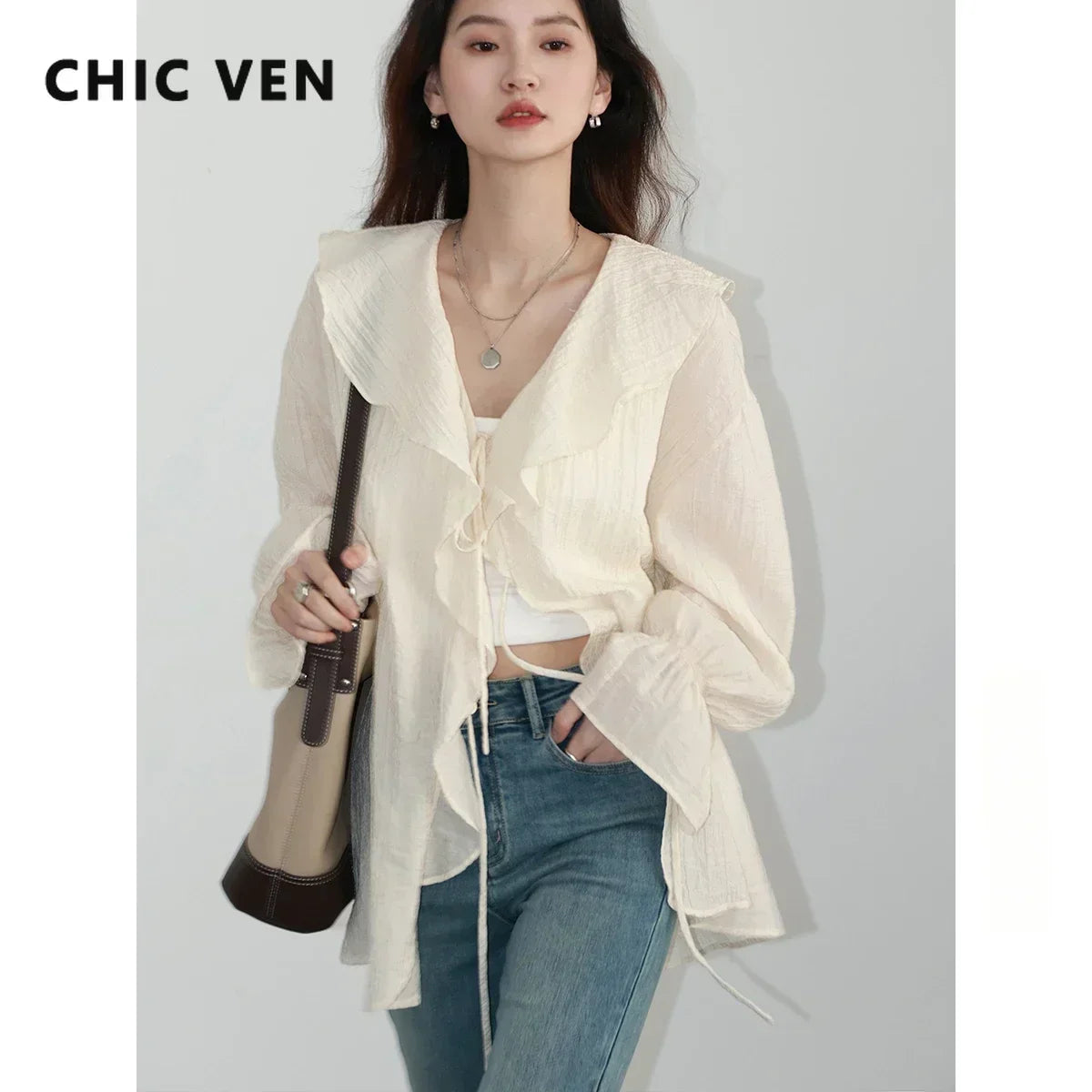 CHIC VEN Women Shirt Loose Casual Ruffled Edges Female Blouses V Neck Lace Up Mid Length Woman Shirts Spring Summer 2024 - Smarsty